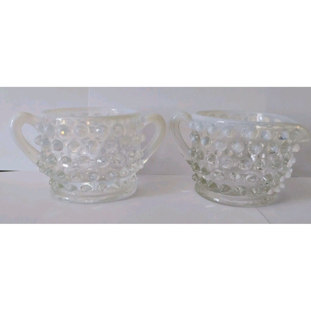 Vintage Fenton French Opalescent Hobnail Mini Creamer and Sugar Bowl Set 1950s
